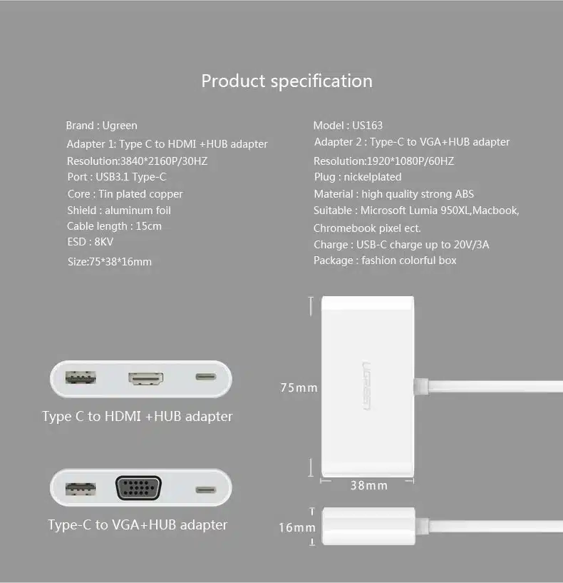 Cáp chuyển đổi cổng USB type C ra HDMI/VGA cho New Macbook 2016 microsoft Lumia 950XL Chromebook pixel
